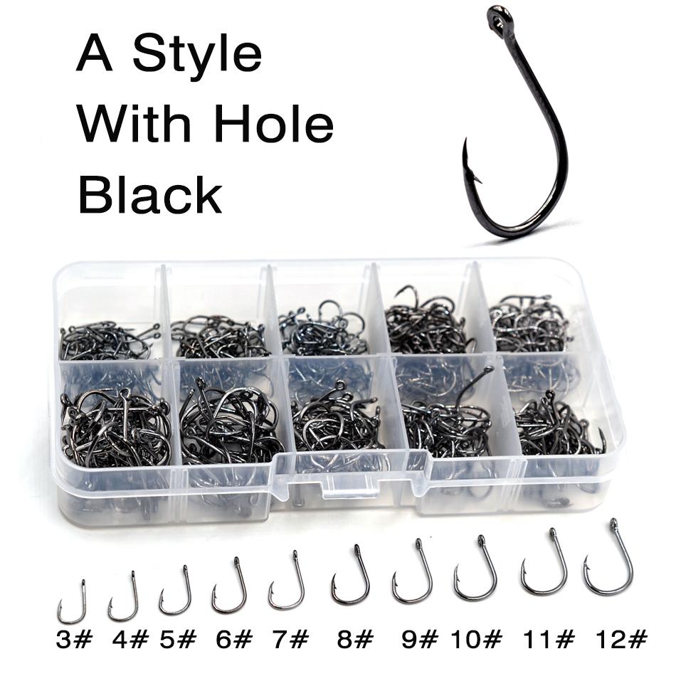 MNFT 500Pcs High Carbon Steel Fishing Hooks Mixed Size Fishhook #3~12 Box Jigging Bait Hook Black Golden Barbed With Hole hooks