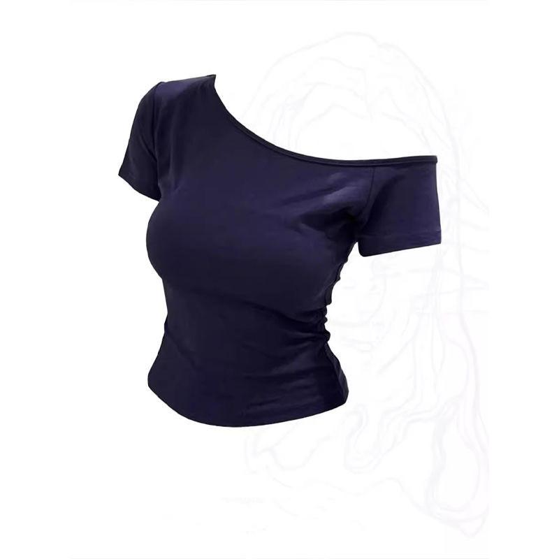Vitality Spice Girl Slant Shoulder Short Sleeve Top Women's Design Sense Summer Solid Color Off-Shoulder Clavicle Skinny Versatile Temperament T-Shirt