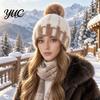 Soft Acrylic Polyester Cap Knit Winter Hat with Faux Fur Pom, Thick Color Thermal Headwear for Skiing Block Cable Cap, Elastic Cold Weather