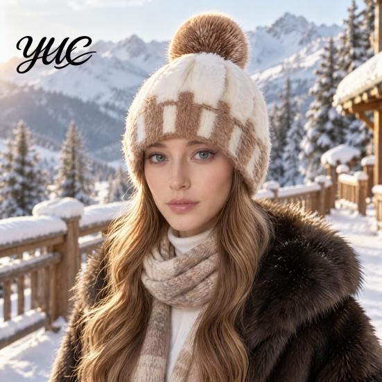 Soft Acrylic Polyester Cap Knit Winter Hat with Faux Fur Pom, Thick Color Thermal Headwear for Skiing Block Cable Cap, Elastic Cold Weather