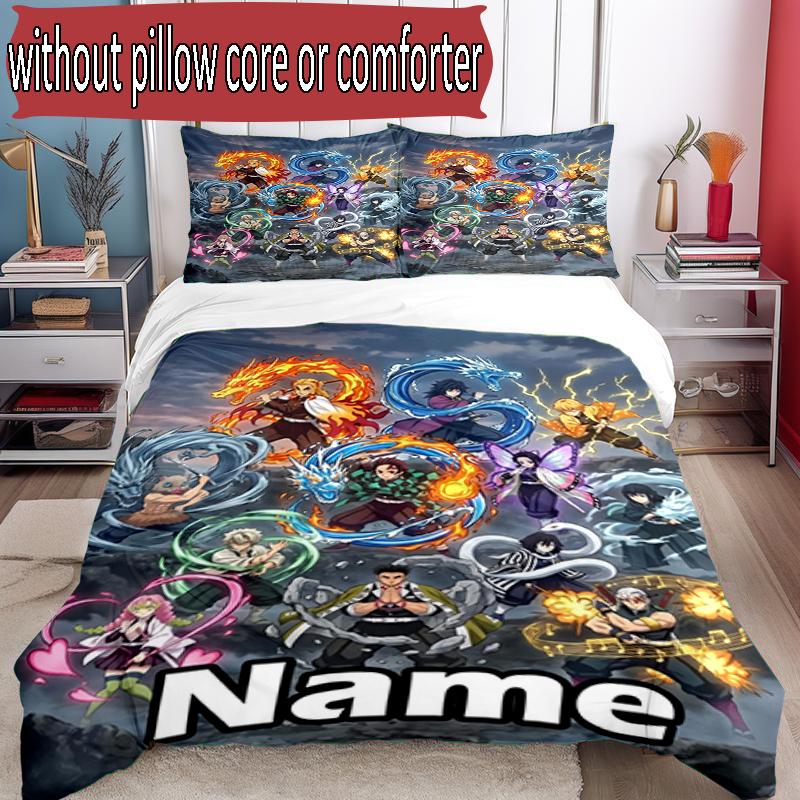 3pcs Duvet Cover Set (1*Duvet Cover + 2*Pillowcase, Without Core), Custom Name Demon Slayer Pattern Bedding Set, Home Bedroom Decor Gift