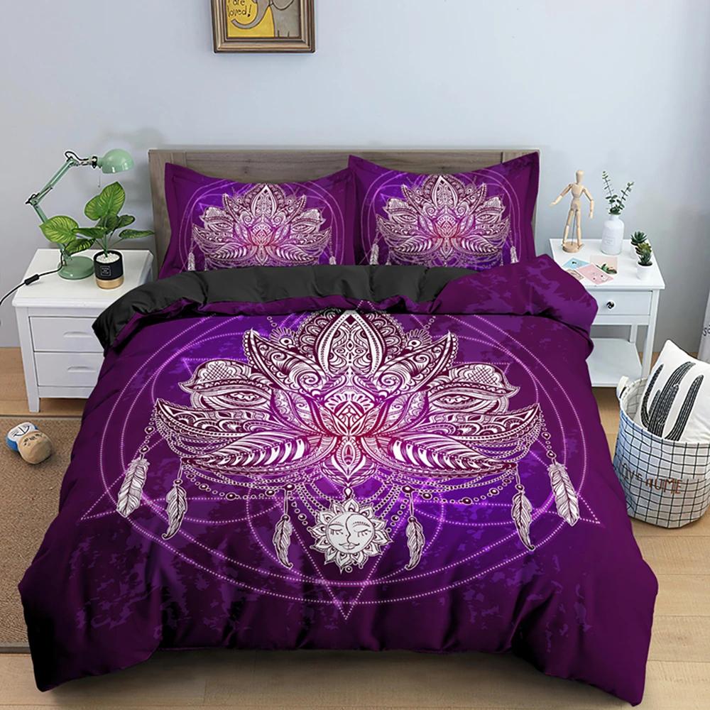 2/3dílná Sada na postel Bohemian Lotus Sada povlaku na přikrývku Mandala Květinový povlak na přikrývku Pro dospělé Černá Polyesterová sada ložního prádla Queen King Twin Pro teenagery
