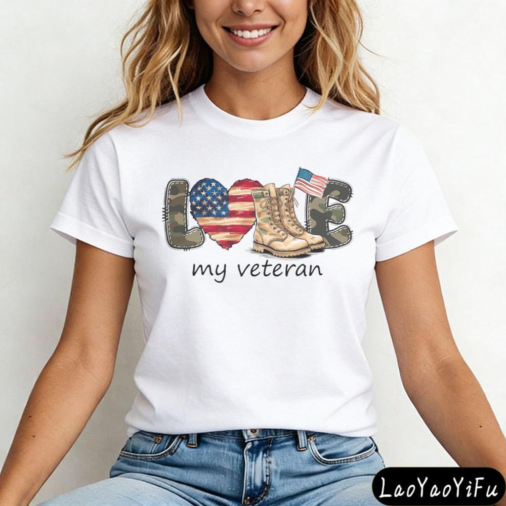 Love My Veteran Shirt Patriotic American Flag Tees Vintage Print Women Clothes Round Neck Tshirt Veteran Creative Gift