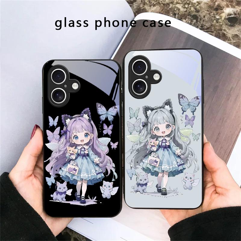 Q-version Blue Butterfly For iPhone 17 Air 16 E 15 Plus 14 Pro Max 13 12 Mini 11 5 6 7 8 Plus XR XSMax SE Black Glass Phone Case