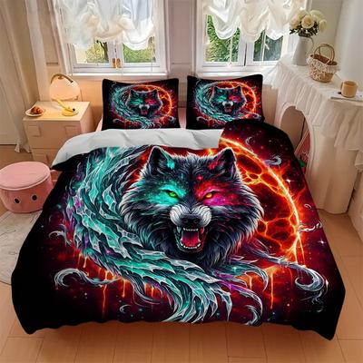 3pcs Galactic Wolf Print Bedding Set (1 Cover + 2 Pillowcases, Without Inserts), Soft and Comfortable, Bedrooms and Guest Rooms