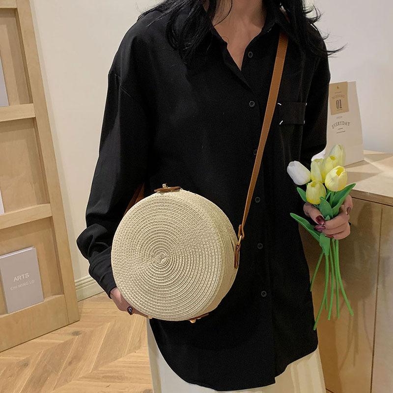 Yogodlns Geantă rotundă de țesut din ratan pentru femei, lucrată manual din frânghie de bumbac, geantă de tricotat de vară, geantă circulară de umăr, geantă de plajă vintage