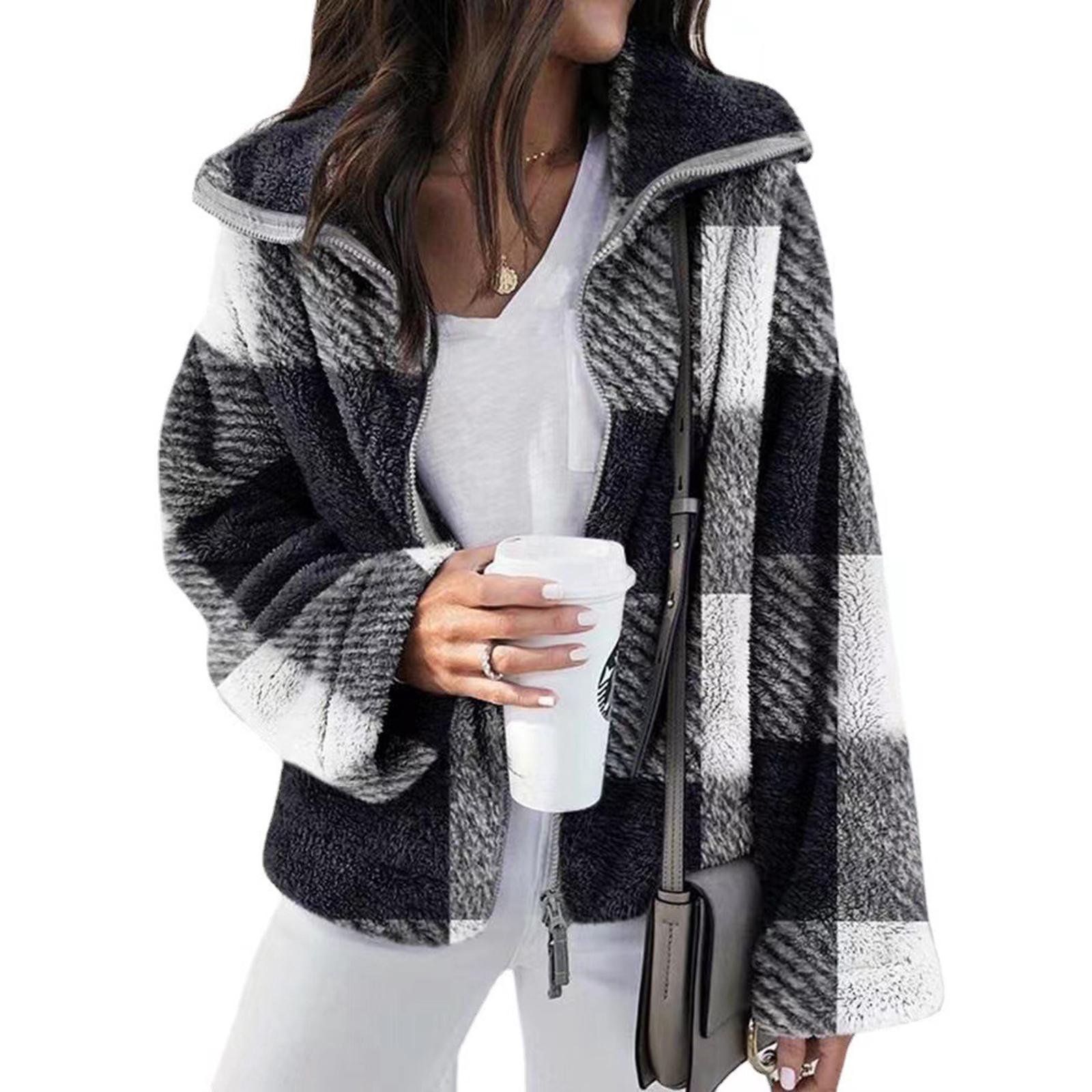 

Women s Fashion Zipper Long Sleeve Loose Plaid Hooded Jacket L тёмно-синий