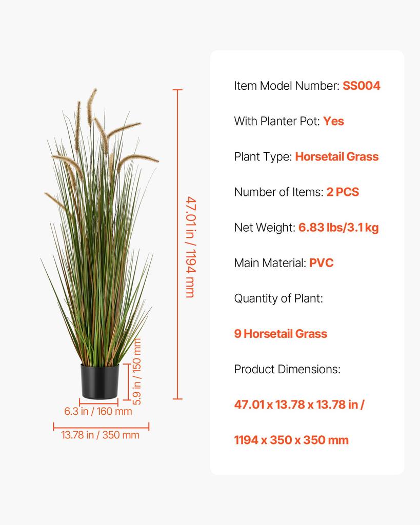 VEVOR Artificial Grass Plant, 2 Pack 1194mm Horsetail Reed Grass in Pot