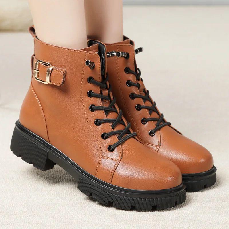 Short Shoes for Women Female Ankle Boots Platform with Laces Combat Lace-up Footwear Chunky Booties Punk Style Leather