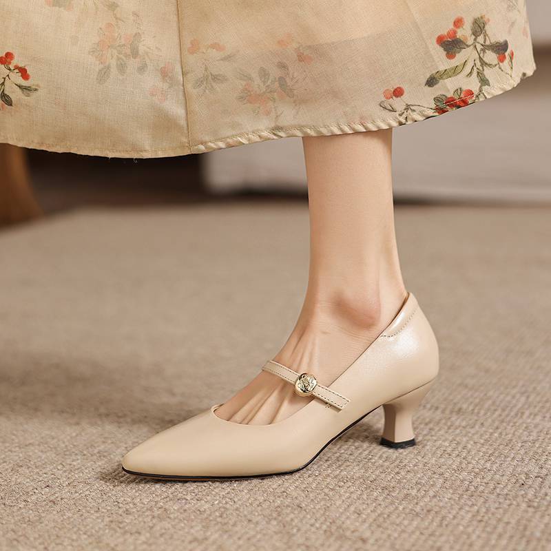 Krazing Pot Genuine Leather Round Toe Thin Heels Summer Shoes Solid Big Size 42 Shallow Decoration buckle Women Shallow Pumps