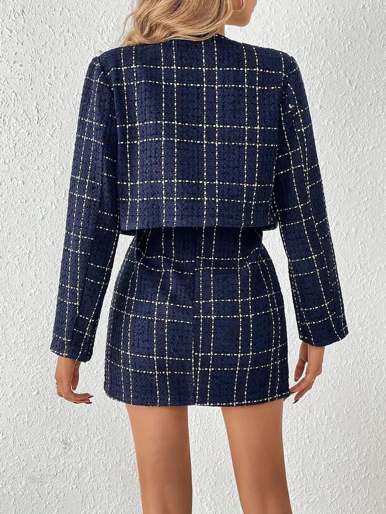 Pink Tweed Two Piece Set Long Sleeve Cropped Jacket High Waist Mini Skirt Gold Buttons
