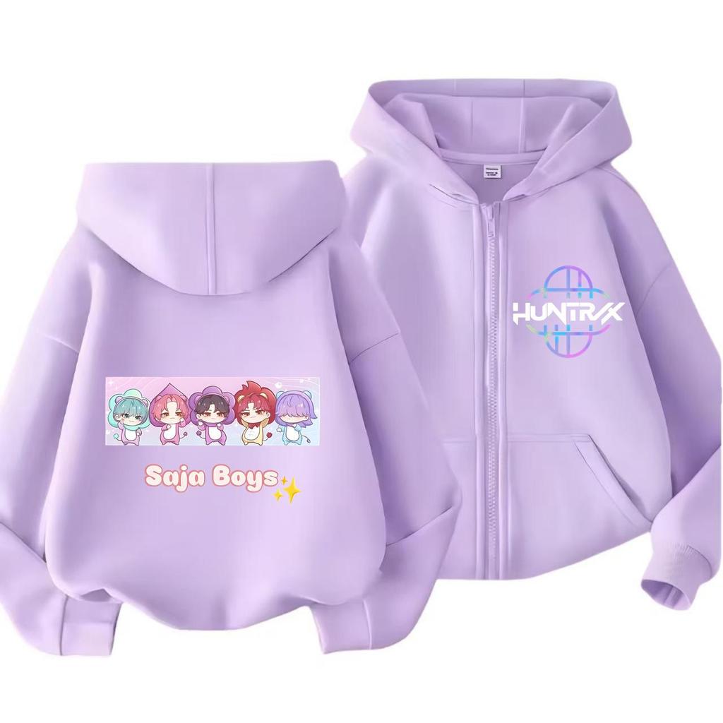Moletom com Capuz e Zíper Kpop Caçadores de Demônios Infantil Huntrix Rumi Zoey Desenho Animado Moda Moletom com Zíper Menino Menina Tops Casuais Roupas Infantis Presente