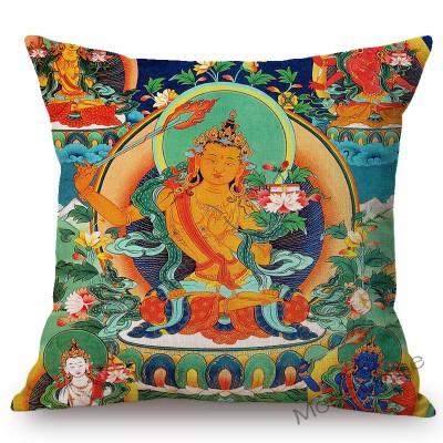 Colorful Blue Buddhism Artwork Bodhisattva Fortune God Sakyamuni Tangka Buddha Painting Sofa Pillow Case Linen Cushion Cover