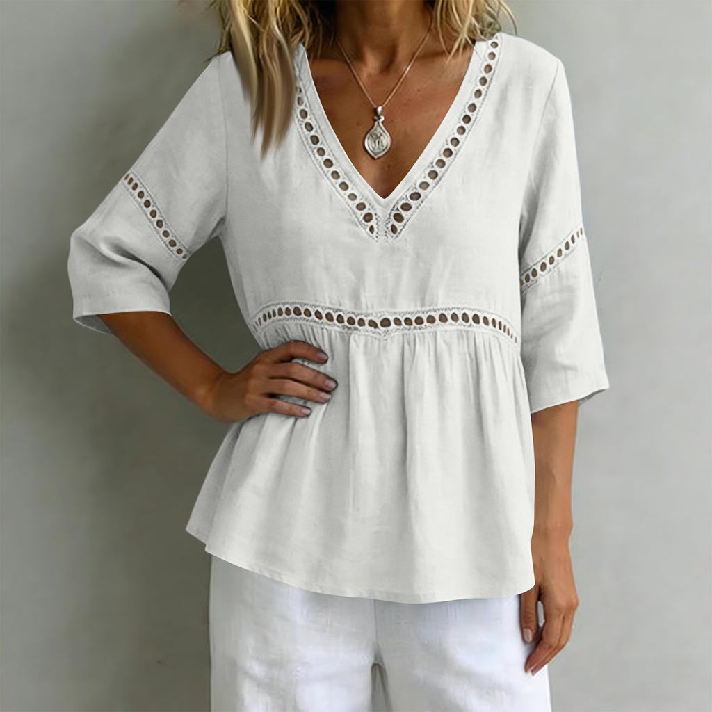 Ladies' Fashionable Casual V-neck Mid Sleeve Women's Top Shirt