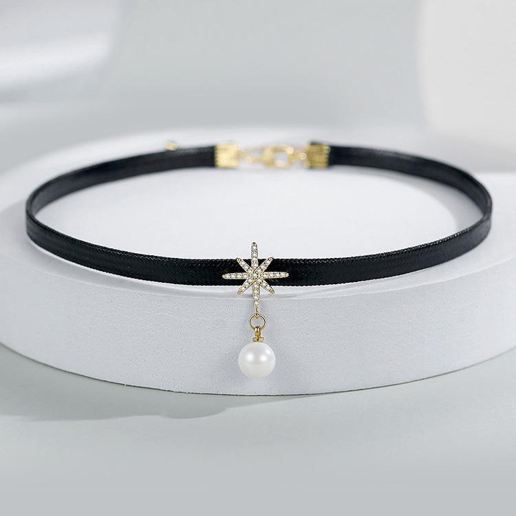 Åtte-spiss stjerne perlekjede - Dame svart lås kragebenskjede, 2025 trend