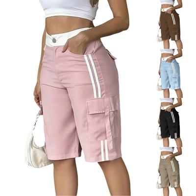 Women’s High Waist Casual Bermuda Shorts with Striped and Utility Pockets Relaxed Fit Summer Trousers for Daily Wear