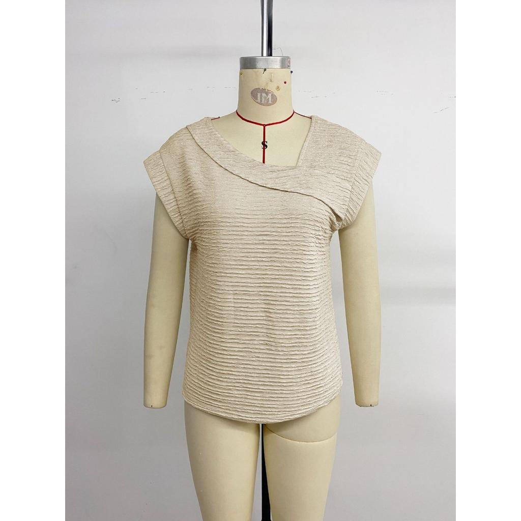 New Women's Solid Asymmetrical V-neck Pleated Top European American Minimalist Design Casual Blouse