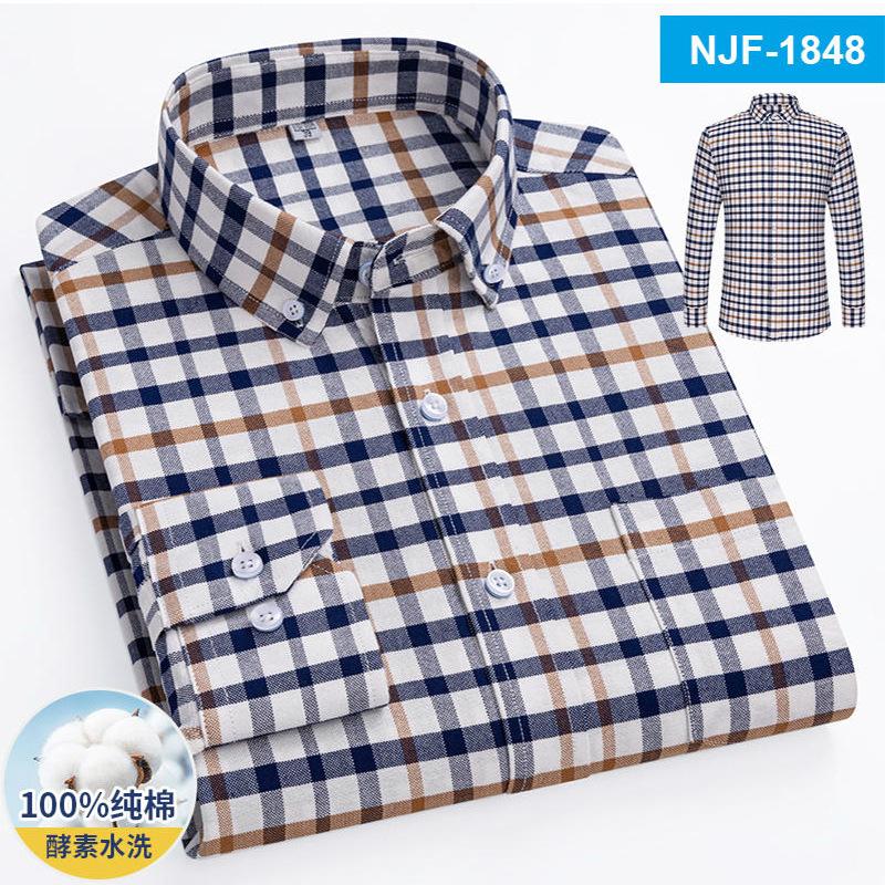 New Pure Cotton Business Men Oxford Shirt Long Sleeve Casual Plaid Striped with Chest Pocket Non-iron Autumn Spring