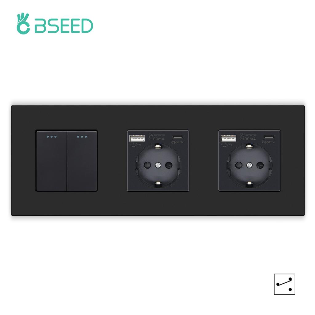 BSEED 1/2/3Gang Mechanical Button Switches 2Way For Stairs Plus EU Sockets USB Type-c Power Ports Matte Plastic Frames Black