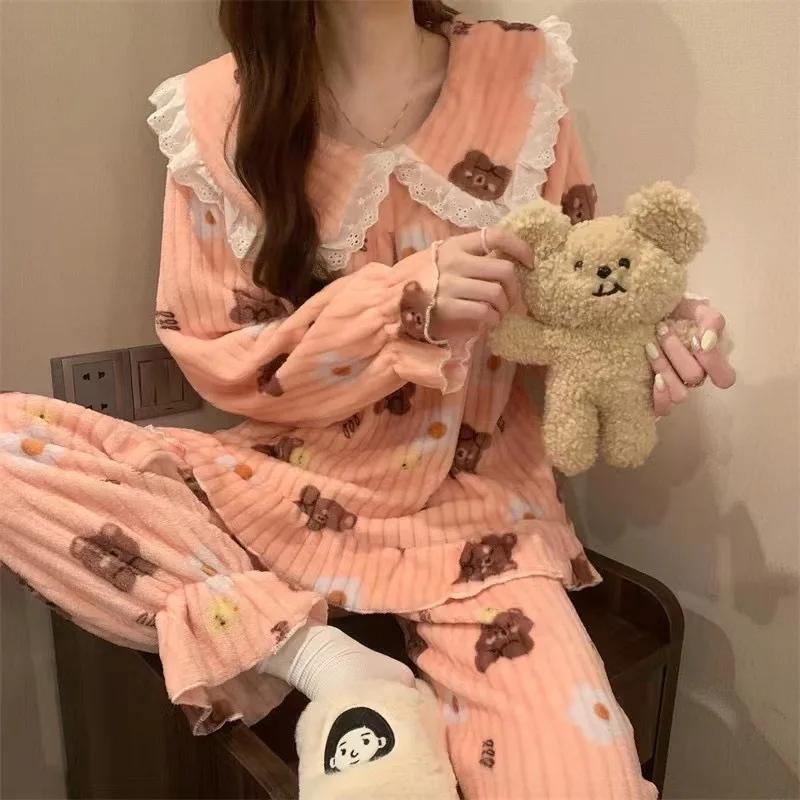 Women's Warm Pajamas Sets Autumn Winter Soft Cute Younger Top and Pants Sets 2pcs Casual Home Wear Sleepwear