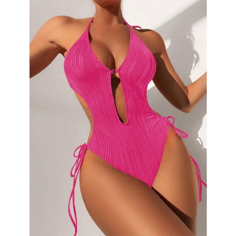 Costume da bagno intero Cikini con cut-out e laccetti laterali, monocolore, da spiaggia, costume da bagno, estate