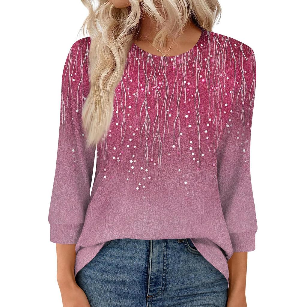Women's Fashion Casual Round Neck 3/4 Sleeve Loose  Printed T-Shirt Ladies Top