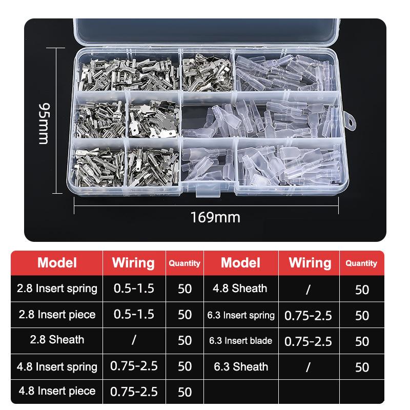 Złącza płaskie 2,8 mm 4,8 mm 6,3 mm, Złącza szybkozłączki męskie i żeńskie, Zestaw asortymentowy w pudełku z osłoną PVC
