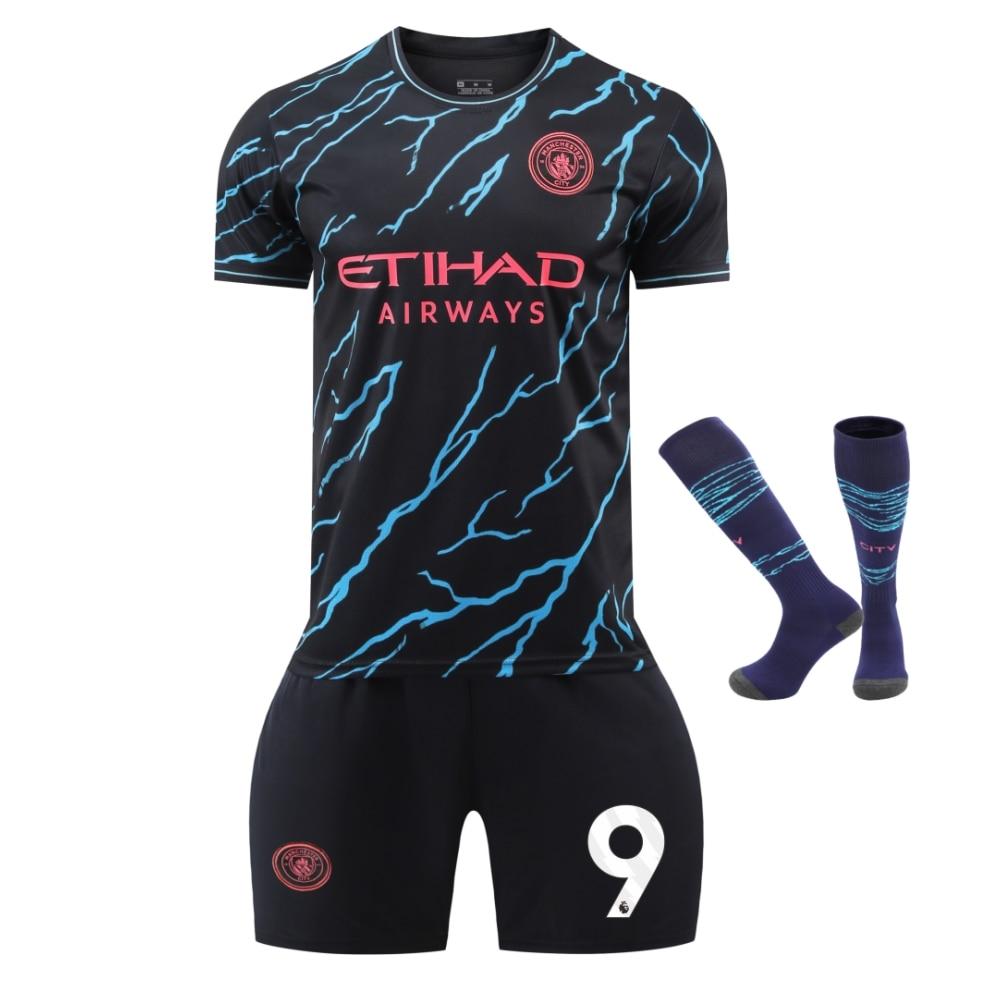 Set Maglia da Calcio Nera Man City Haaland N.9 per Bambini, Maglia Sportiva Traspirante ad Asciugatura Rapida, Abbigliamento da Allenamento Calcio per Giovani