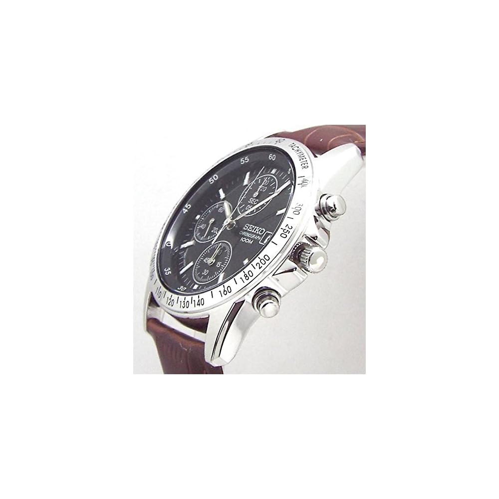 Seiko Chronograph Watch Black Deep Brown Leather Strap Men's Timepiece SND367P1-DB