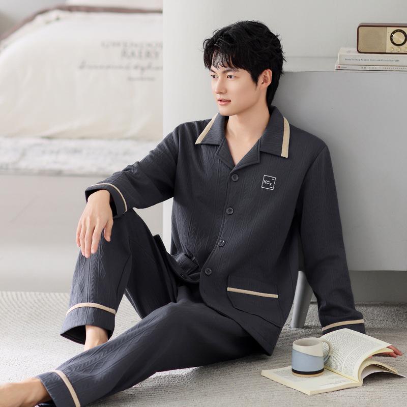 Pajamas Men'S Spring And Autumn Thickened Cotton Long Sleeve Homewear Autumn And Winter Thin Winter Cotton Padded Air Cotton Interlayer