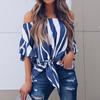 Women Striped Off Shoulder Waist Tie Blouse Short Sleeve Casual T Shirts Tops