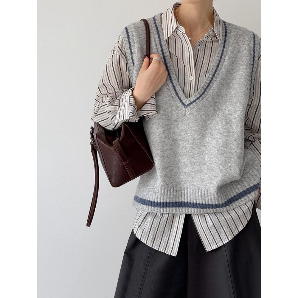 DIMANAF 2025 Svetry pro plnoštíhlé Vesta Podzimní Dámské Jednobarevné Svetry s V-výstřihem Pletené Volné Šedý Béžový Svetr