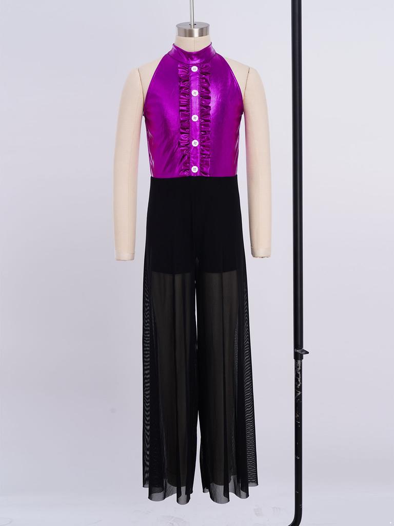 Sprankelende Metallic & Mesh Dans Jumpsuit voor Meisjes: Hoge Hals Mouwloos met Gerimpeld Bovenlijf & Wijdvallende Broek voor het Podium