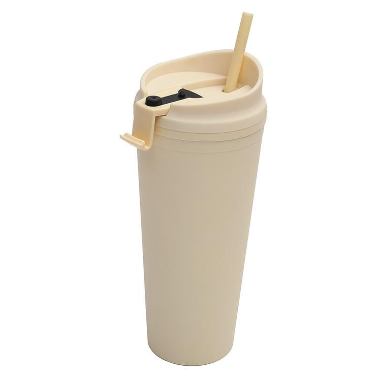 24oz Large Capacity Double-Layer Plastic Straw Cup Portable Flip-Top Lid Outdoor Frosted Design Direct Drinking for
