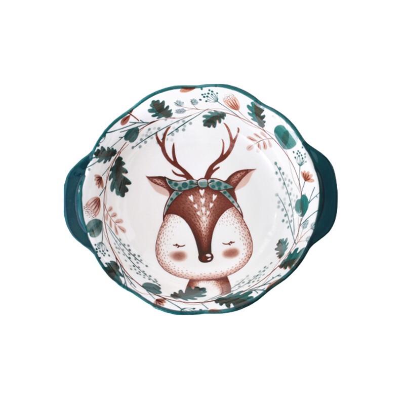 Cute Cartoon Deer Ceramic Double-Handled Soup Bowl