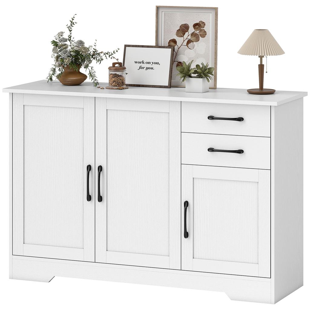 Aparador com 2 Gavetas Armário de Armazenamento Moderno, Armário de Cozinha com Prateleira Ajustável e 3 Portas Branco