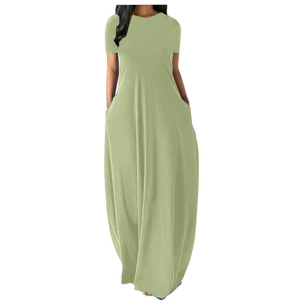 Plus Size Women’s Solid Color Round Neck Pocket Maxi Dress – Short Sleeve, Loose Fit