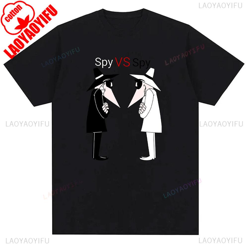 Mens Spy Vs Spy Graphic T Shirt Summer Cotton Crew Neck Retro 80s Cartoon Print Funny Humorous Vintage Style Fashion Tee Shirts