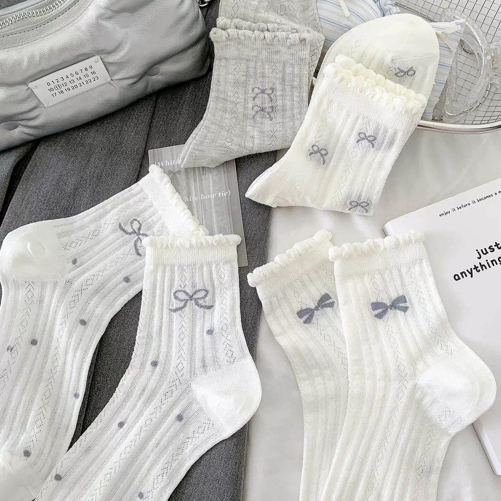 Bow socks women's summer thin lace cotton medium tube socks ballet style mesh breathable casual gray women's socks