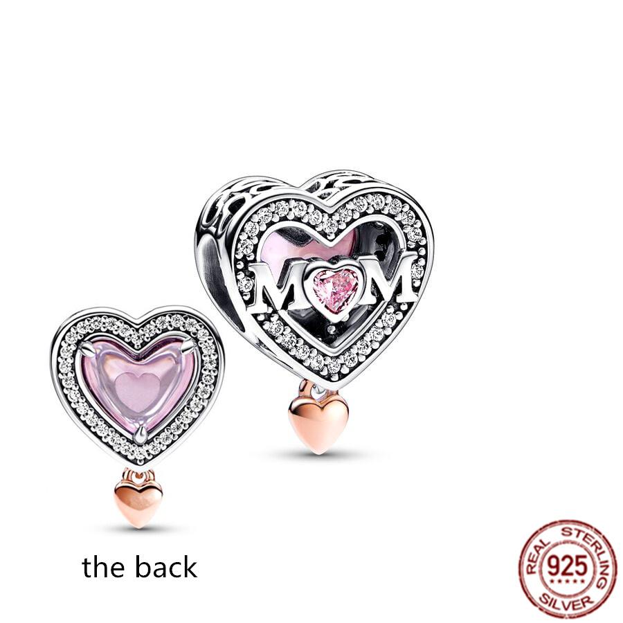Fine S925 Sterling Silver Love You Mom Double Heart Split Dangle Charm Beads Fit Original  Bracelet DIY Women Jewelry Gift