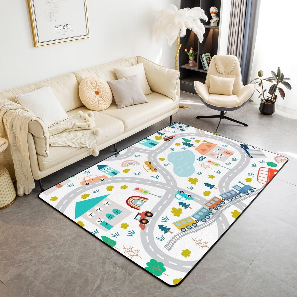 Cartoon Car Kids Area Rug for Bedroom Living Room, Construction Vehicles Indoor Floor Mat for Boys Girls Teens, Dinosaur Yellow