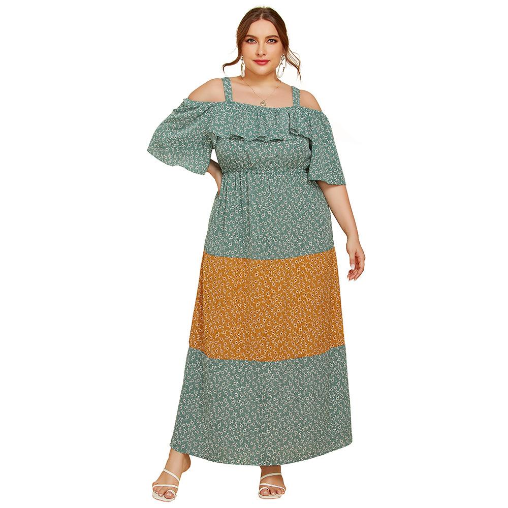 Plus Size Women Spring Summer Sling Ruffled Contrast Color Loose Floral Long Dress XL-4XL