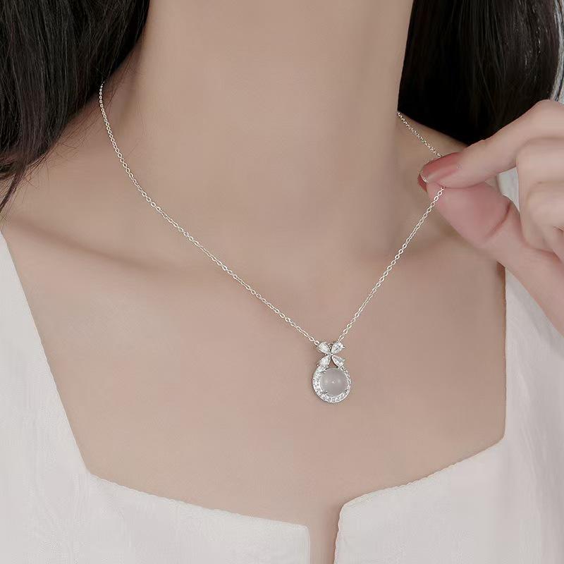 S925 Sterling Silver Princess Bow Necklace with Agate Pendant - Women's 2024 Versatile Accessory