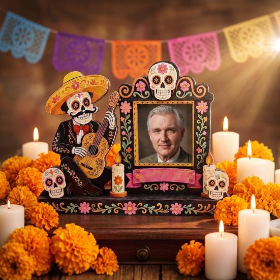 Bunte Festival Tischdekoration Totentag Fotorahmen, Lebendiger Blumiger Zuckerknochen Muster Druck, Dia De Los Muertos Tischdisplay Mexikanische Katrina