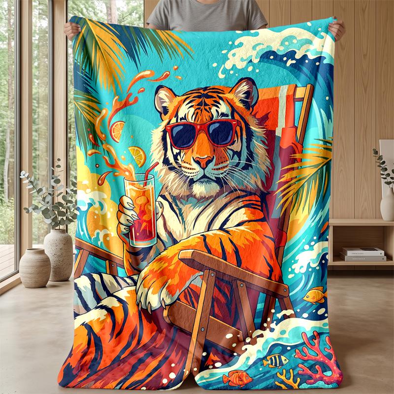 Tiger Relaxing on Beach Theme blanket Lightweight Warm Flannel Blanket Decorative Throw Blanket for Home Decoration