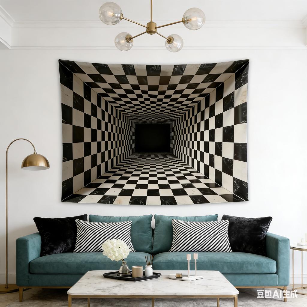 3D Checkered Tunnel Optical Illusion Tapestry Modern Geometric Wall Hanging for Living Room Bedroom Decor