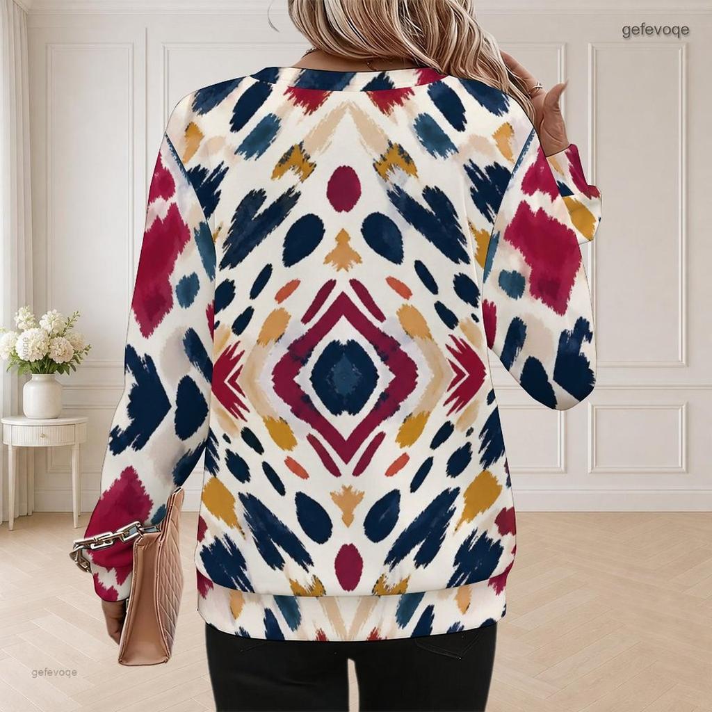 Women Plus Size Round Neck Long Sleeve Multicolor Printed Pullover Sweatshirt