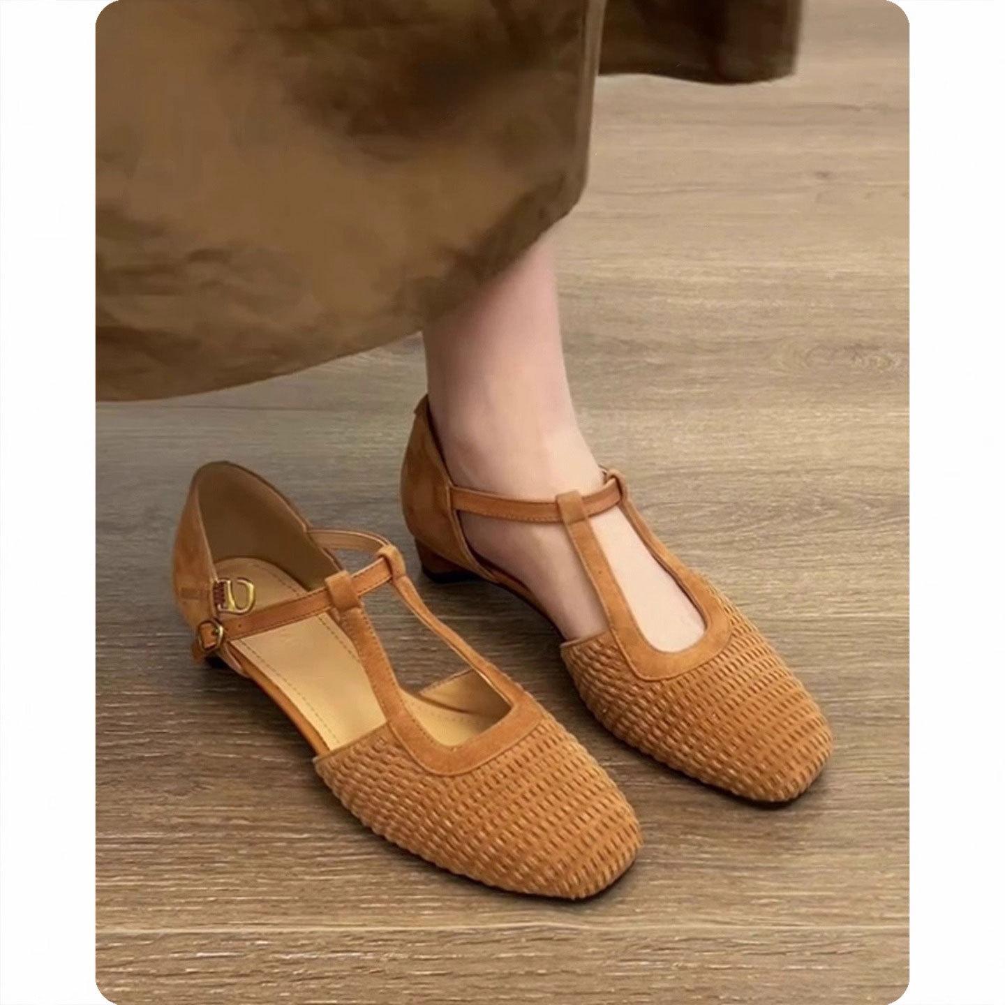 

Soft leather version~ retro woven hollow Roman sandals women s summer literary and artistic matching skirt design sense versatile bag head sandals 40 хаки