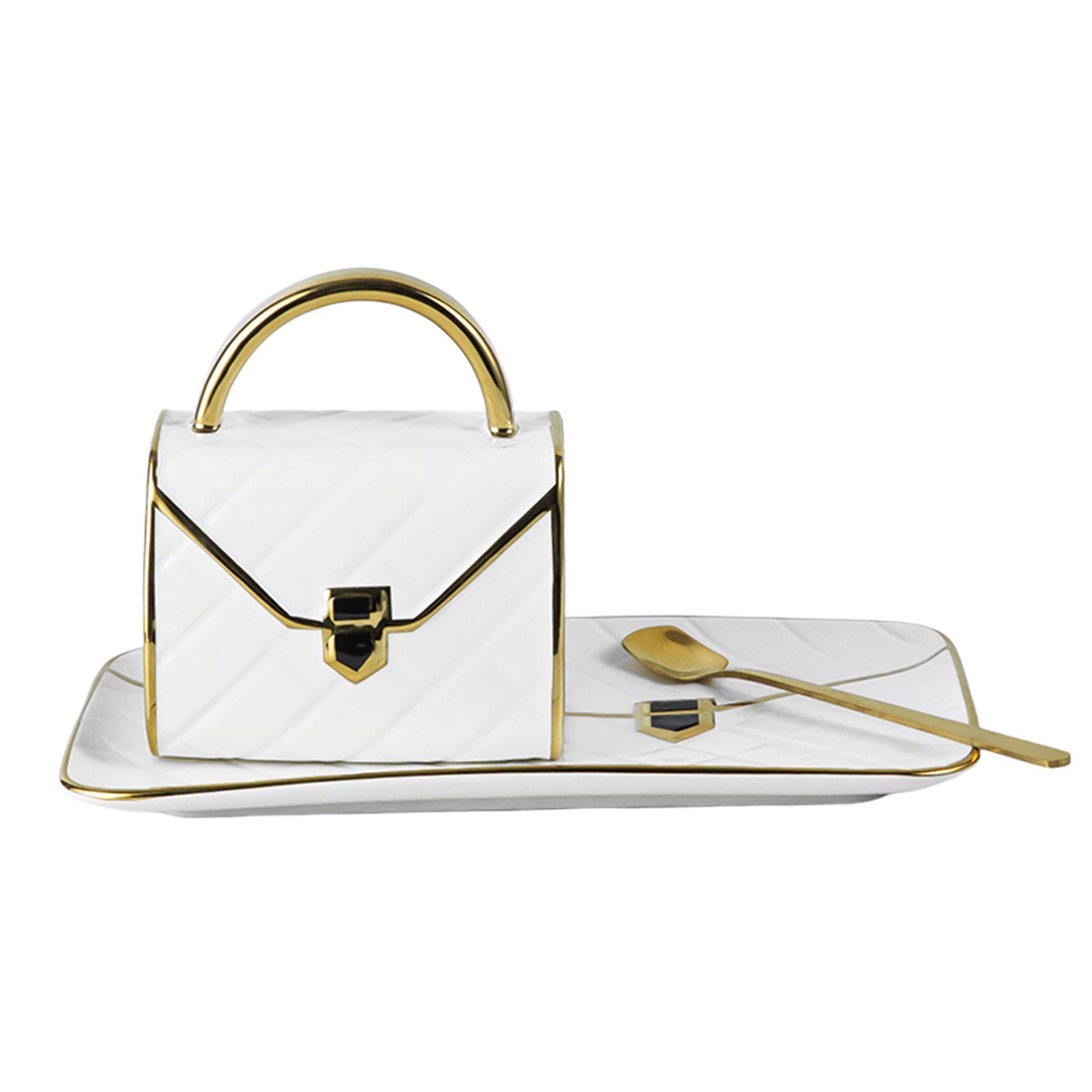 Tazza A Forma Di Borsa Con Piattino E Cucchiaio - Set Tè E Caffè In Ceramica 310ml - Regalo Originale Per Donna - Bianco
