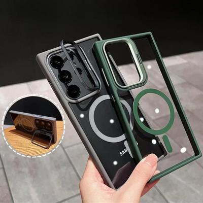 Pro Magsafe skrytý držák průhledné pouzdro pro Samsung Galaxy S25 S24 Ultra S22 Plus S23 FE nárazuvzdorný magnetický kryt bezdrátového nabíjení